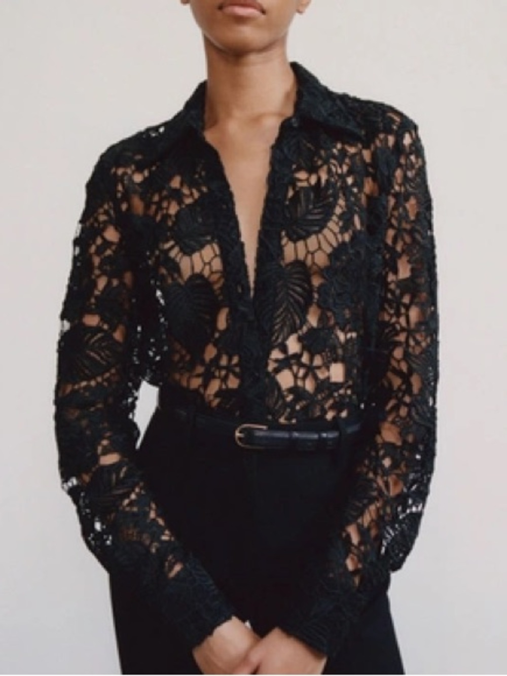 NILI LOTAN Rive Lace Button-Down Blouse, Size Small, Black